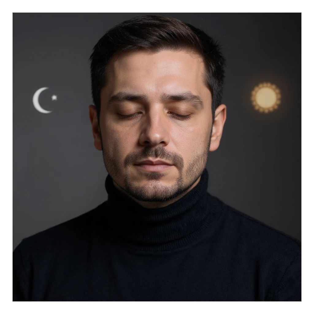 Vertical portrait of a man's face in a realistic style with closed eyes. Include symbols of the moon and sun near the face to represent the day-night cycle of fasting. The atmosphere should convey natural balance. sticker