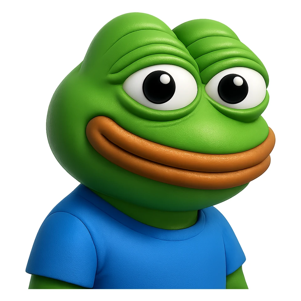 pepe in
- 3d style
- bright green
- blue shirt
- smiling
- looking straight at the camera
- good highlights and shadows
- 30deg angled towards the right
- 20% inset padding sticker
