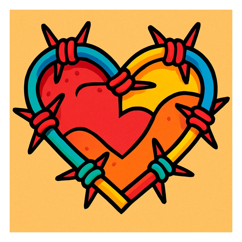 a heart made of barbed wire, cartoon style, colorful, playful sticker