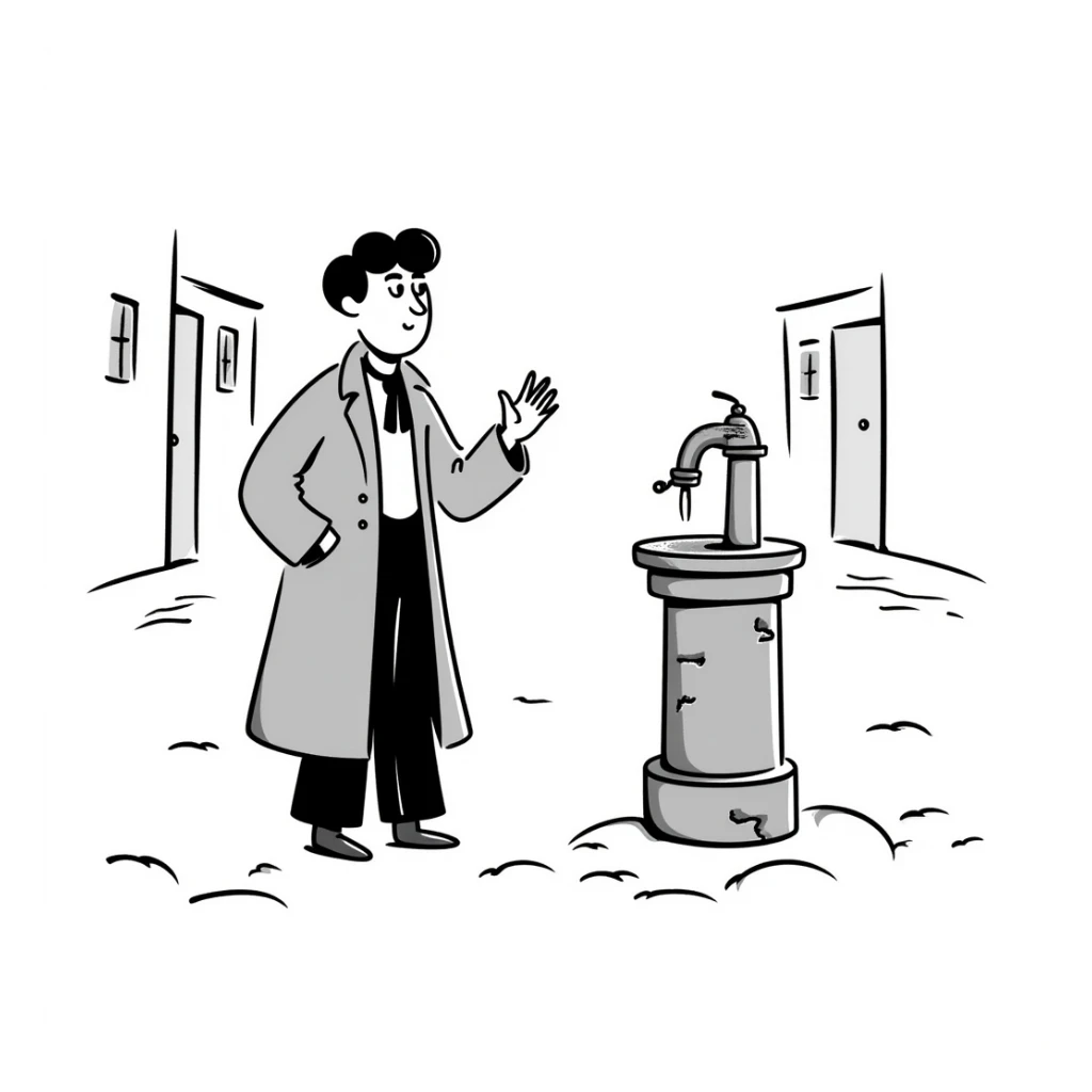 Victorian man with a broken water pump in a dirty street sticker