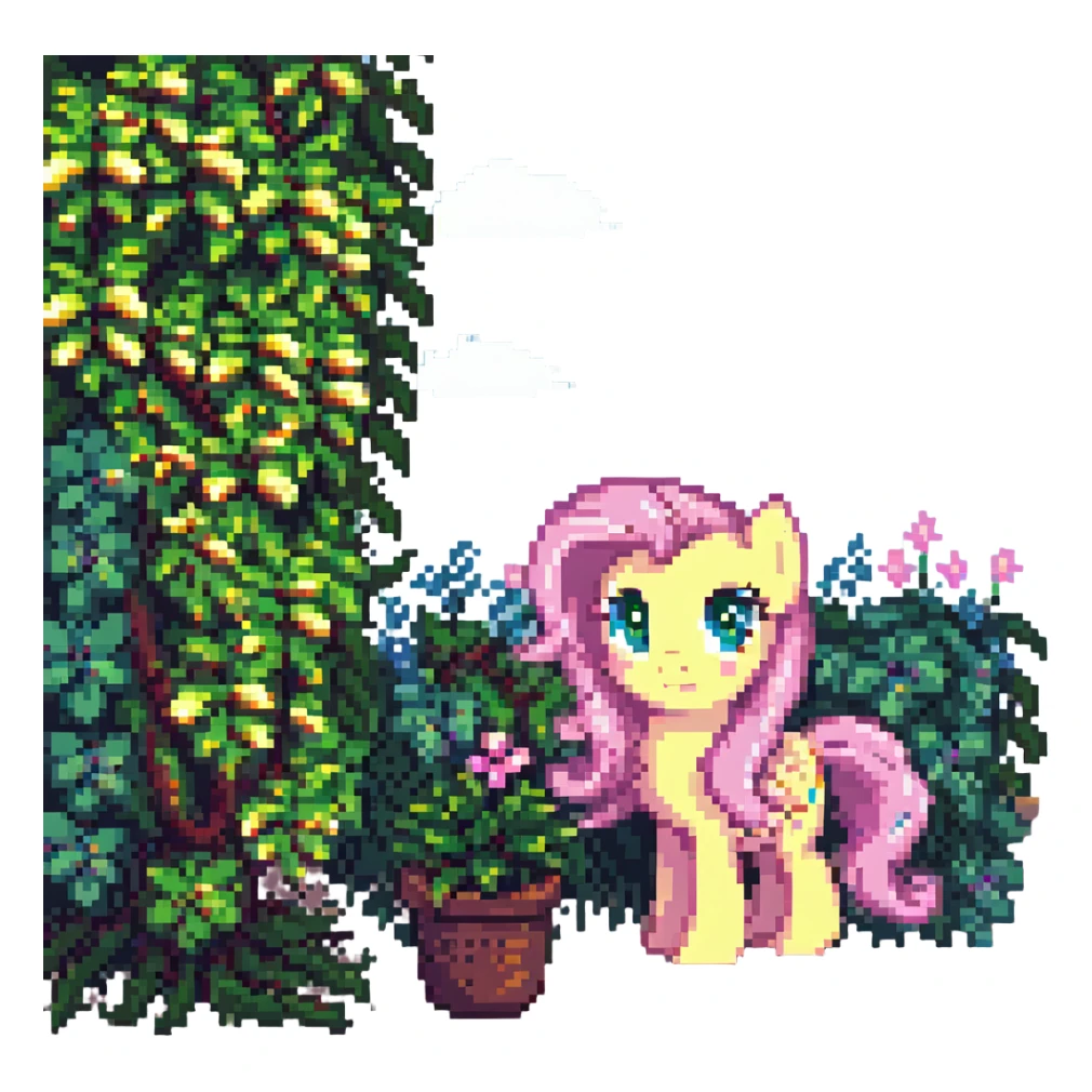 Fluttershy peeking from behind a bush pixel art style sticker