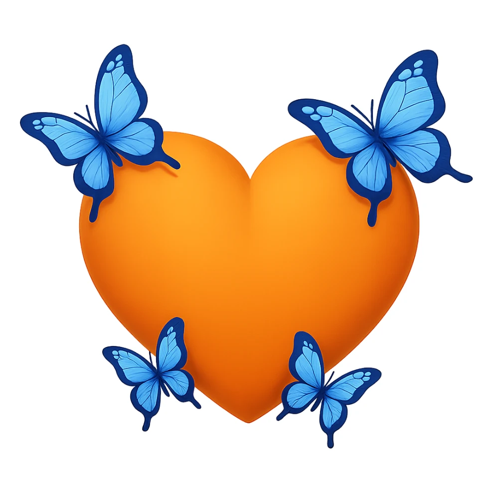 Transform the orange heart emoji with blue butterflies circling it into a classic emoji style, less realistic, with no background. Maintain the iconic emoji look and vibrant colors. sticker