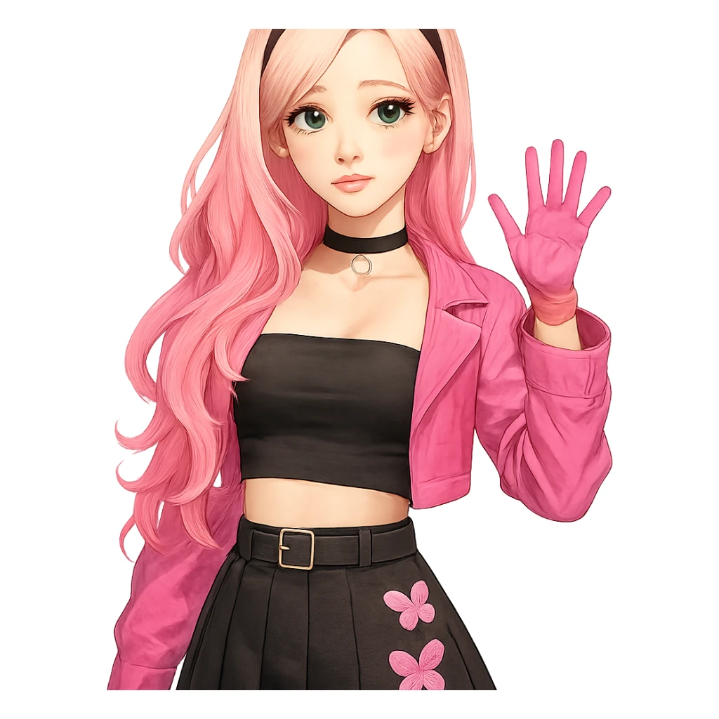 Fluttershy reimagined as a human K-pop idol, with pink and black accents, transparent background sticker