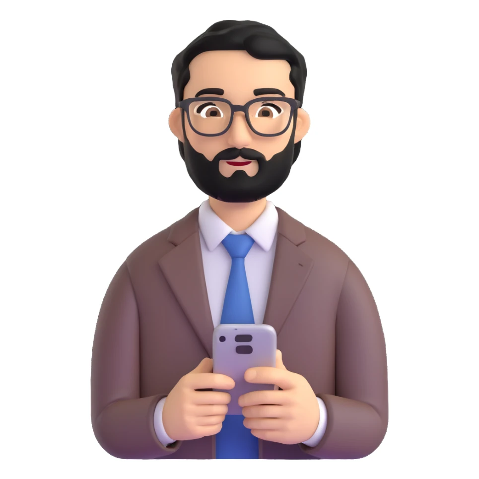 professional man with medium black beard, neat black hair, connected unibrow, olive tan skin, brown eyes, glasses, prominent nose, wearing business casual attire, holding a smartphone in hand sticker