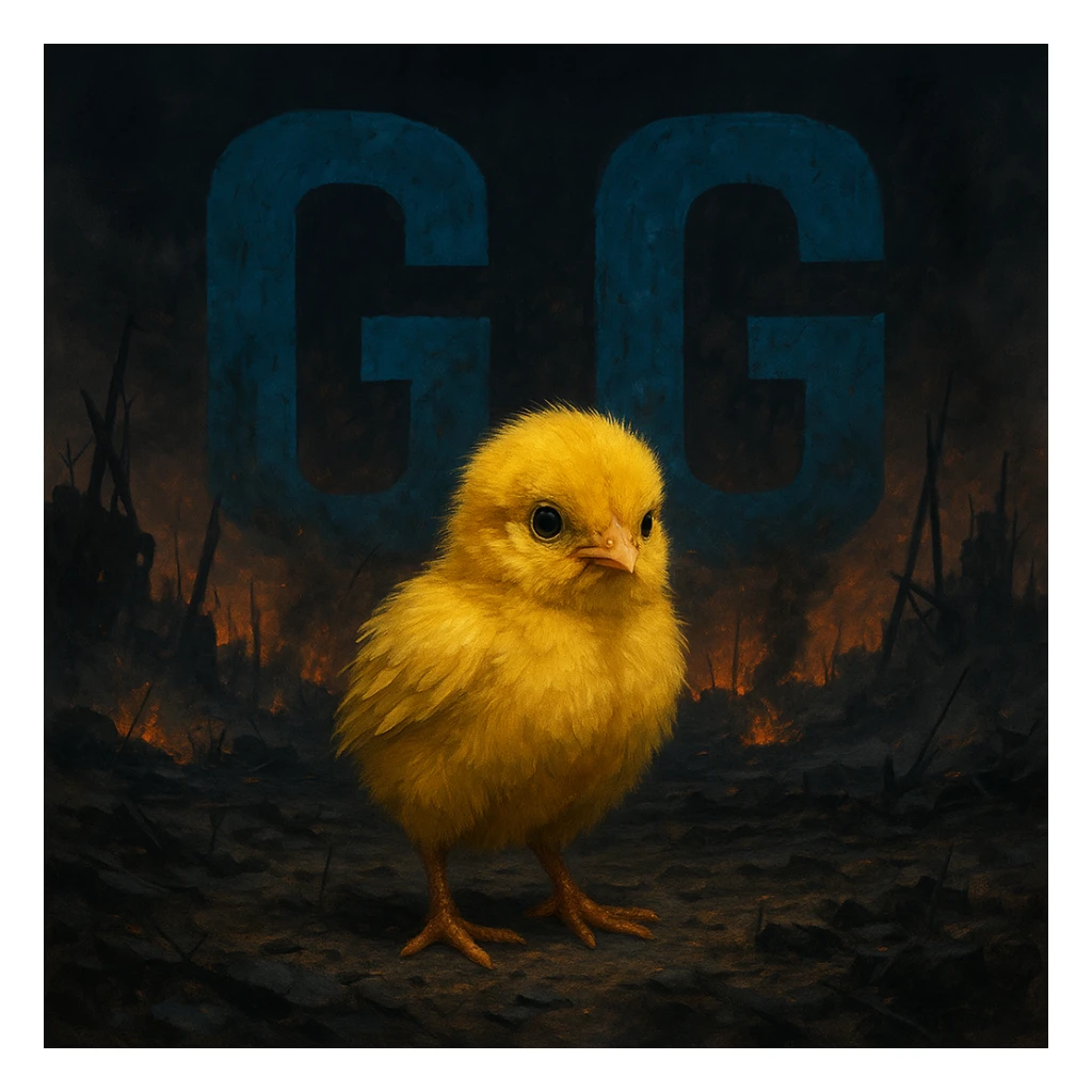 Yellow chick in a dark apocalyptic landscape with large, visible blue letters 'GG', dramatic and contrasting style, moody and intense environment. sticker