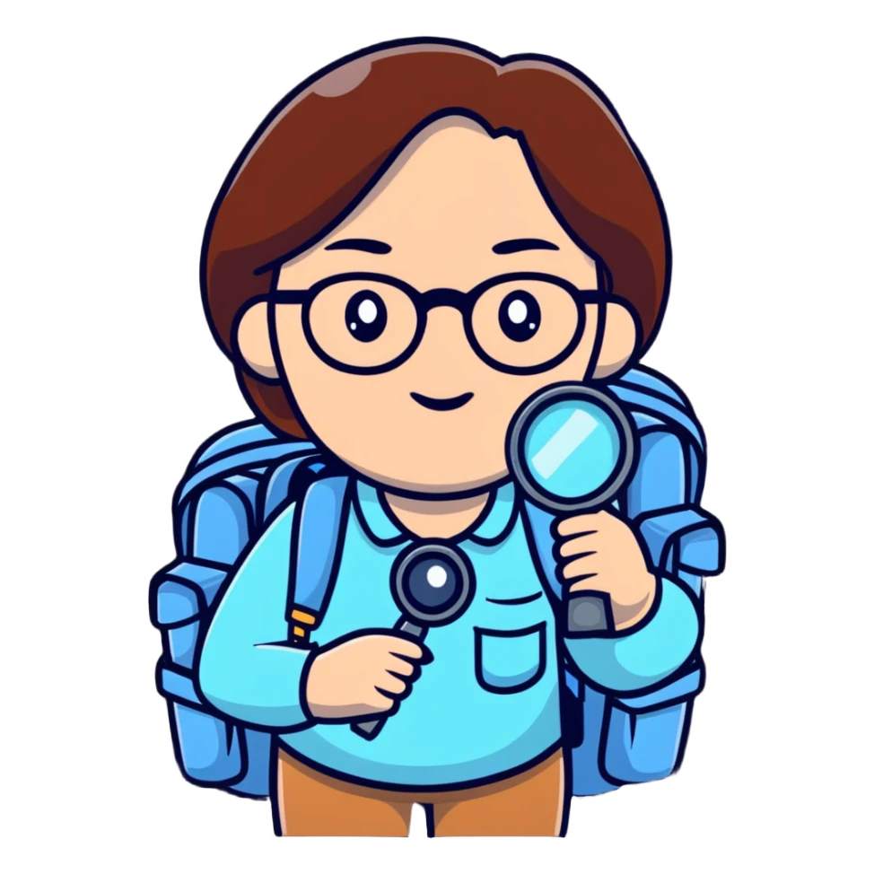 Cheerful woman hiker in her late 30s with glasses, backpack, and one magnifying glass in her right hand sticker