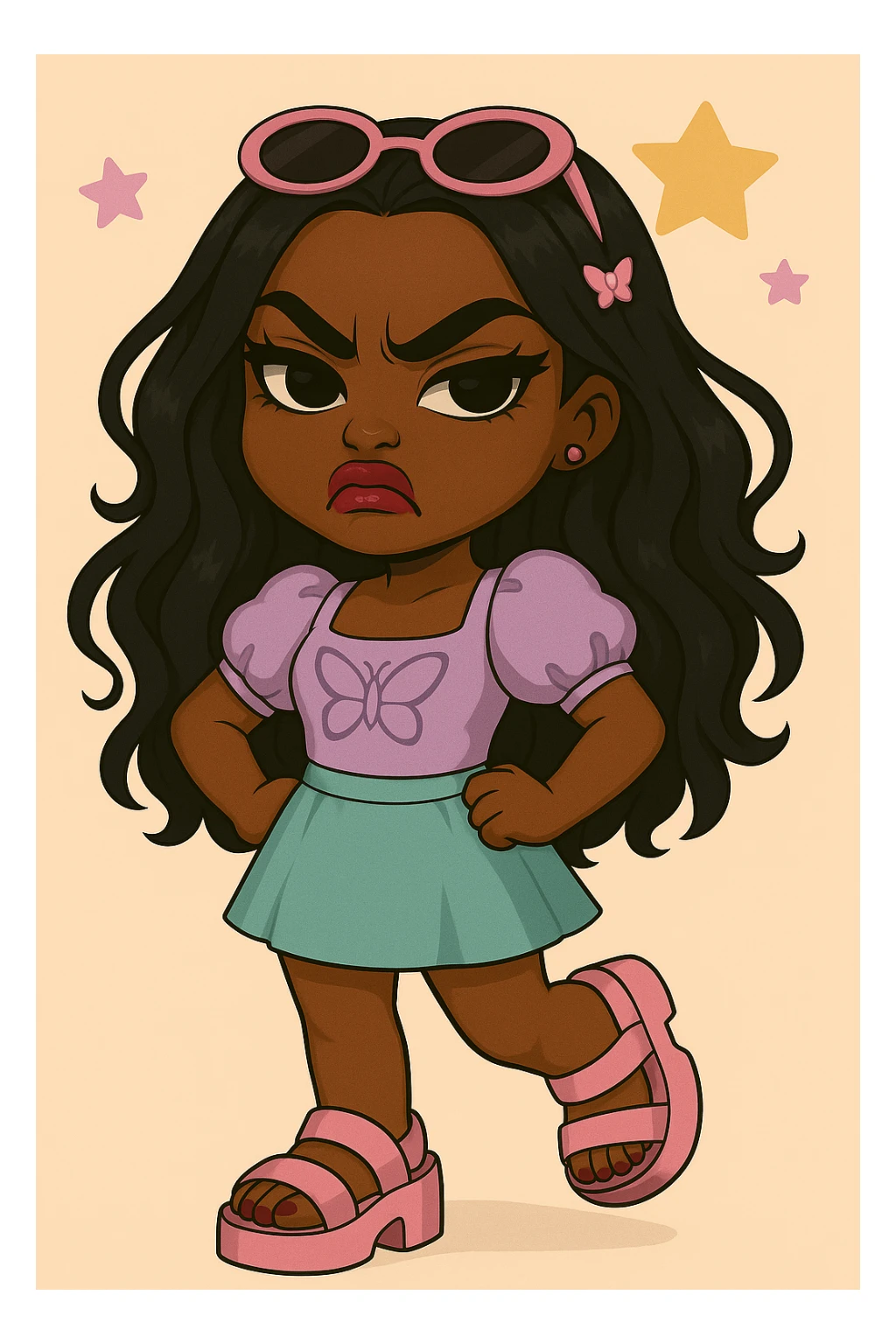 Change the expression to angry for a 20-year-old anime Bratz style woman with dark skin, dark hair, cute pastel Y2K look, big expressive eyes, and glossy lips. Maintain the anime Bratz style and the described features. sticker