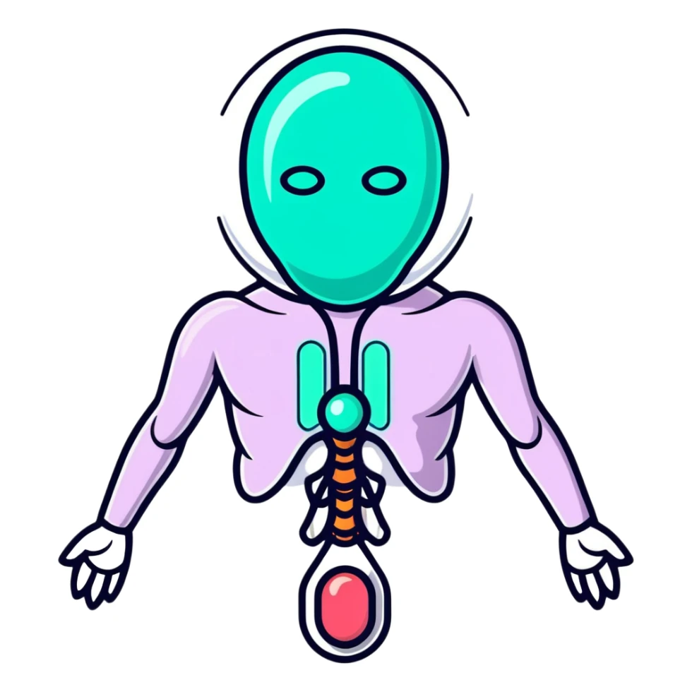 Silver semi-transparent capsule floating next to an ethereal glowing immune system figure, with a small shining shield over a luminous thyroid gland sticker