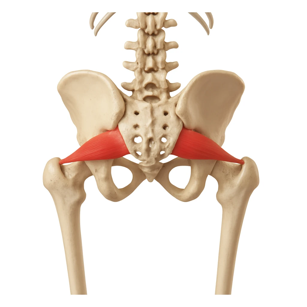 Create a hyperrealistic anatomical view of the piriformis muscle as in the reference image. Show the pelvis and vertebral column visible, with the piriformis muscle highlighted in red. Include clear anatomical details, a white background, and 4K quality. sticker