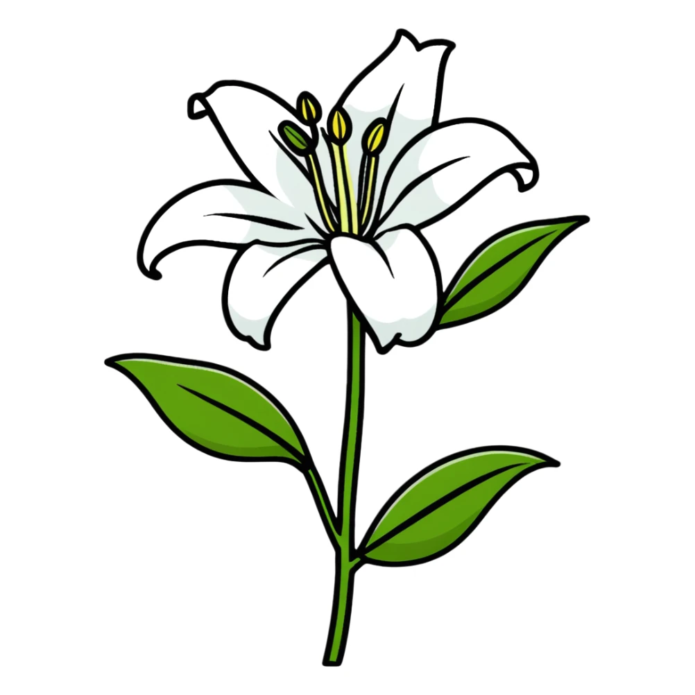 elegant white lily with six distinct petals, one unopened bud, and leafy stem sticker