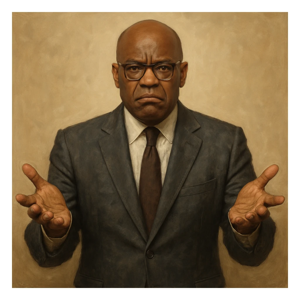 Сгенерируй мне афроамериканца в пиджаке, лысого, в очках, он выглядит солидно. Строго в анфас. Его лицо чуточку недовольно, а руками он размахивает и разводит в сторону. На однородном фоне. В стиле реалистичной живописи. Он полностью помещается в экран и не обрезается краями изображения sticker