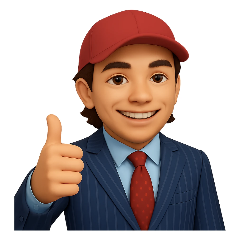 Create a 60% realistic emoji of a smiling man in a pinstripe suit and red cap, giving a thumbs up. The style should blend emoji and realism with more realistic details than the 50% version but still stylized. Transparent background. sticker