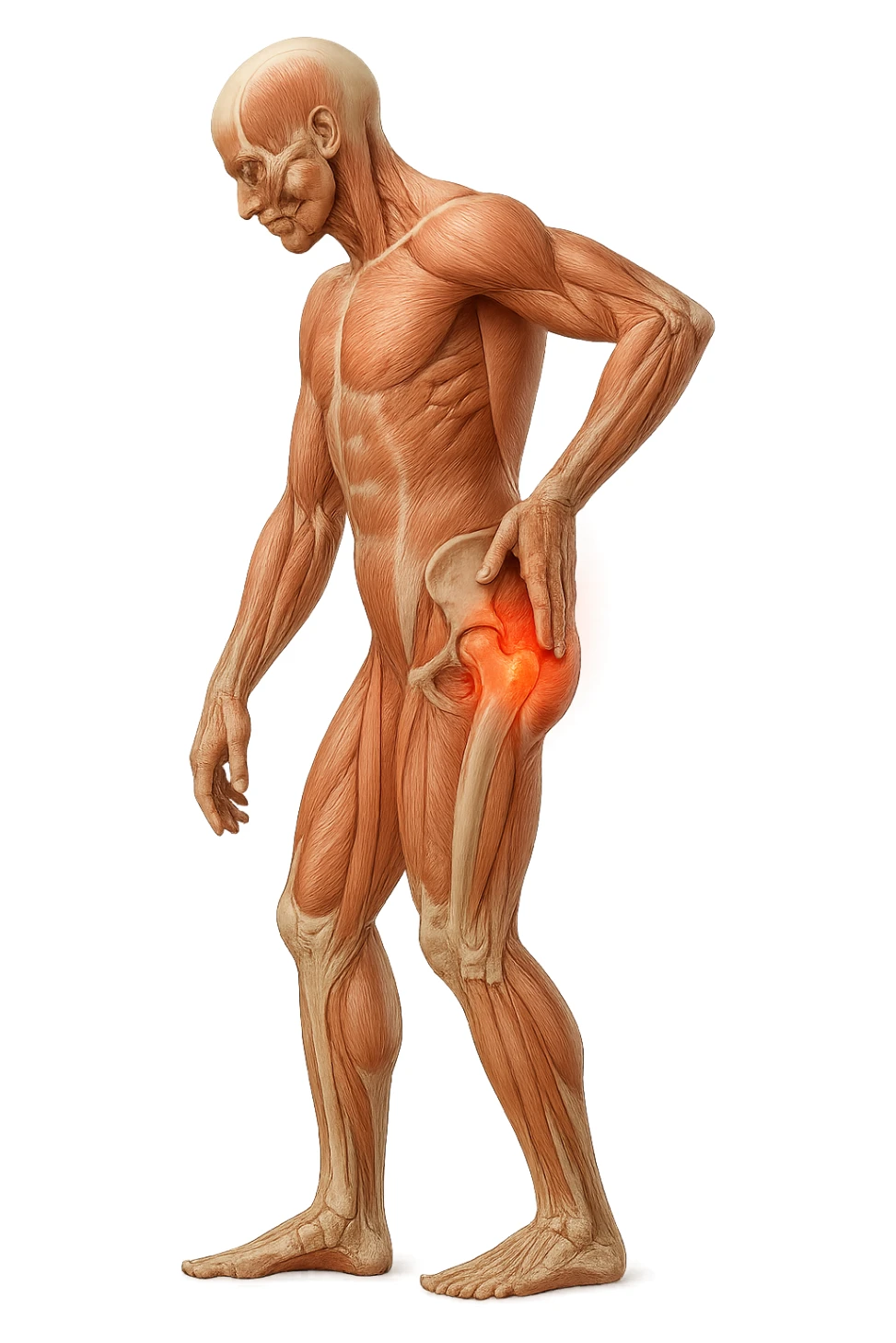 CORPO UMANO ANATOMICO DI PROFILO A FIGURA INTERA REALISTICO CHE SI TOCCA L'ANCA INFIAMMATA, DOLORE ALL'ANCA, IPERREALISTICO 4K sticker