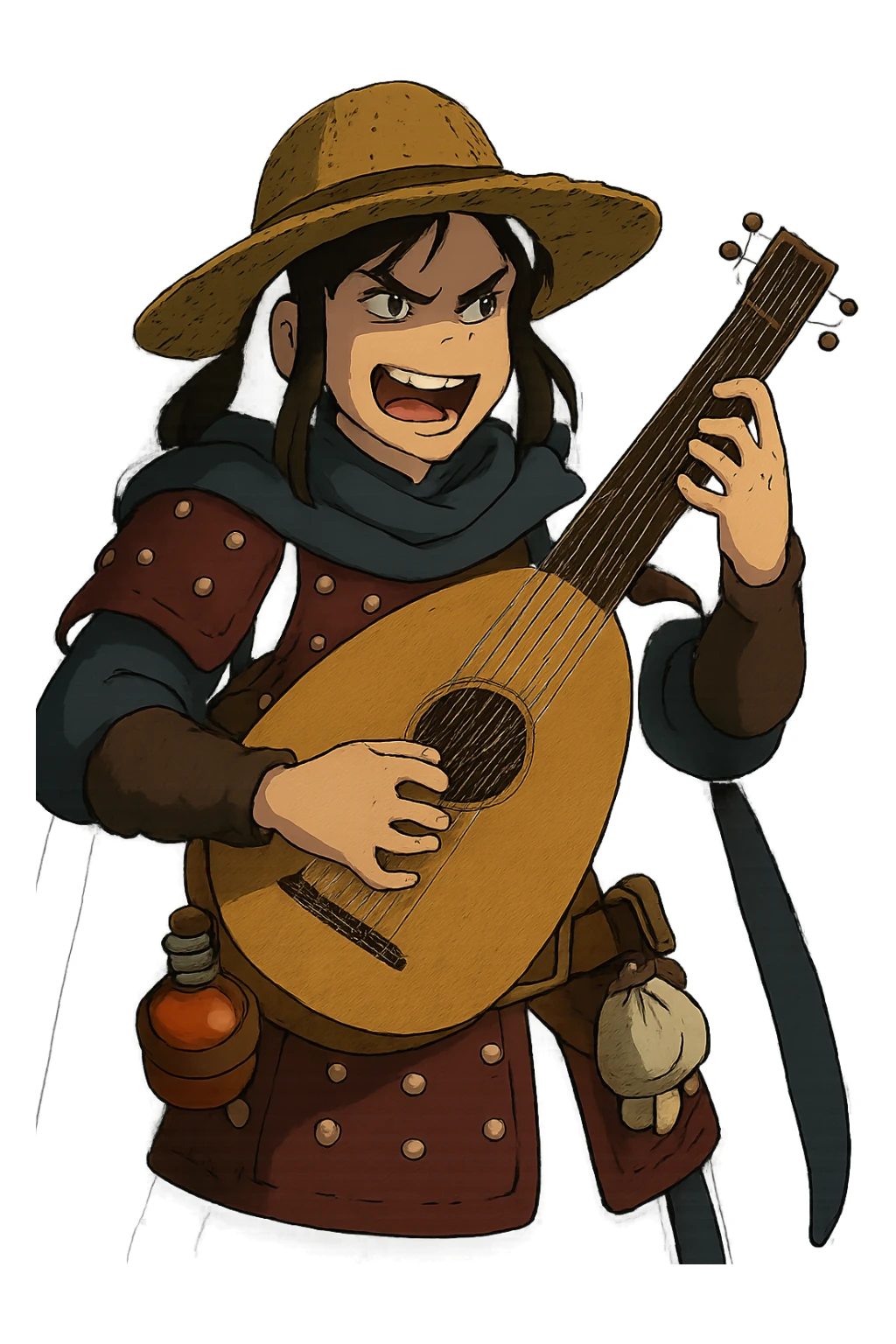 A female bard wearing brigandine armor with a sturdy straw hat, playing a fat medieval lute and singing, night time shadows, tool belt with red potion and bandages, portrait , mischievous grin, anger sticker