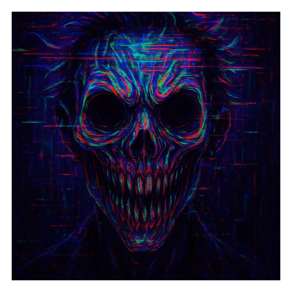 freaky face, glitch effect, neon colors, digital art style sticker