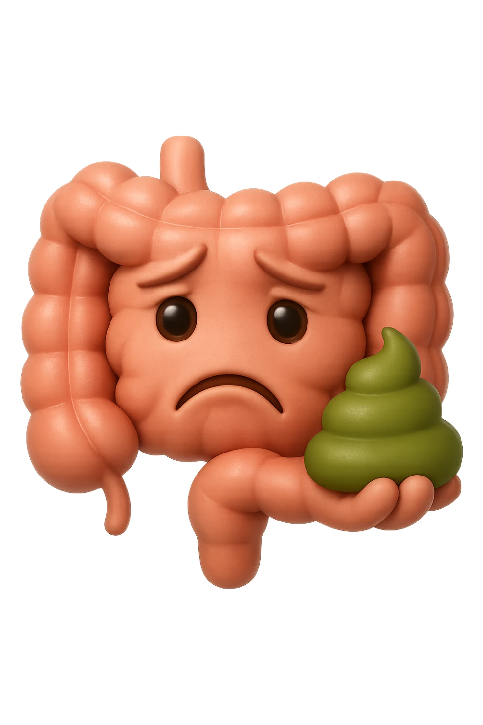 emoji stile iphone 3d di un intestino con espressione triste con cacca verde e liquida in mano , iperrealistiche 4k sticker