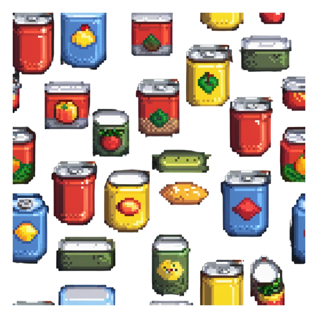 Four pixelated canned food items in a row, different colored cans sticker