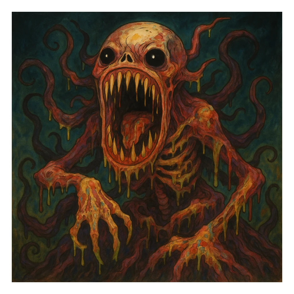 Make this eldritch horror even more disturbing: exaggerate the gaping maw, add more writhing limbs, exposed bone, oozing flesh, and a sense of ancient evil. Horror style, terrifying and grotesque. sticker