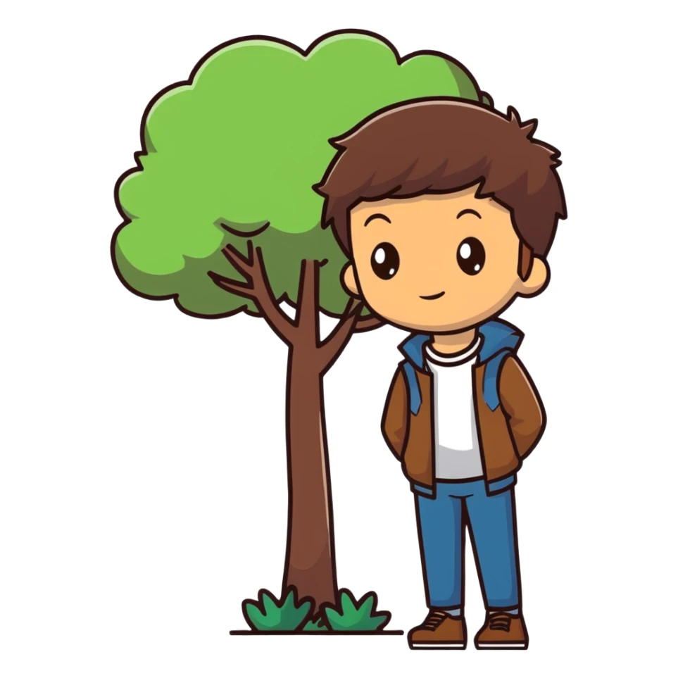boy with brunette hair brown eyes and tree behind sticker