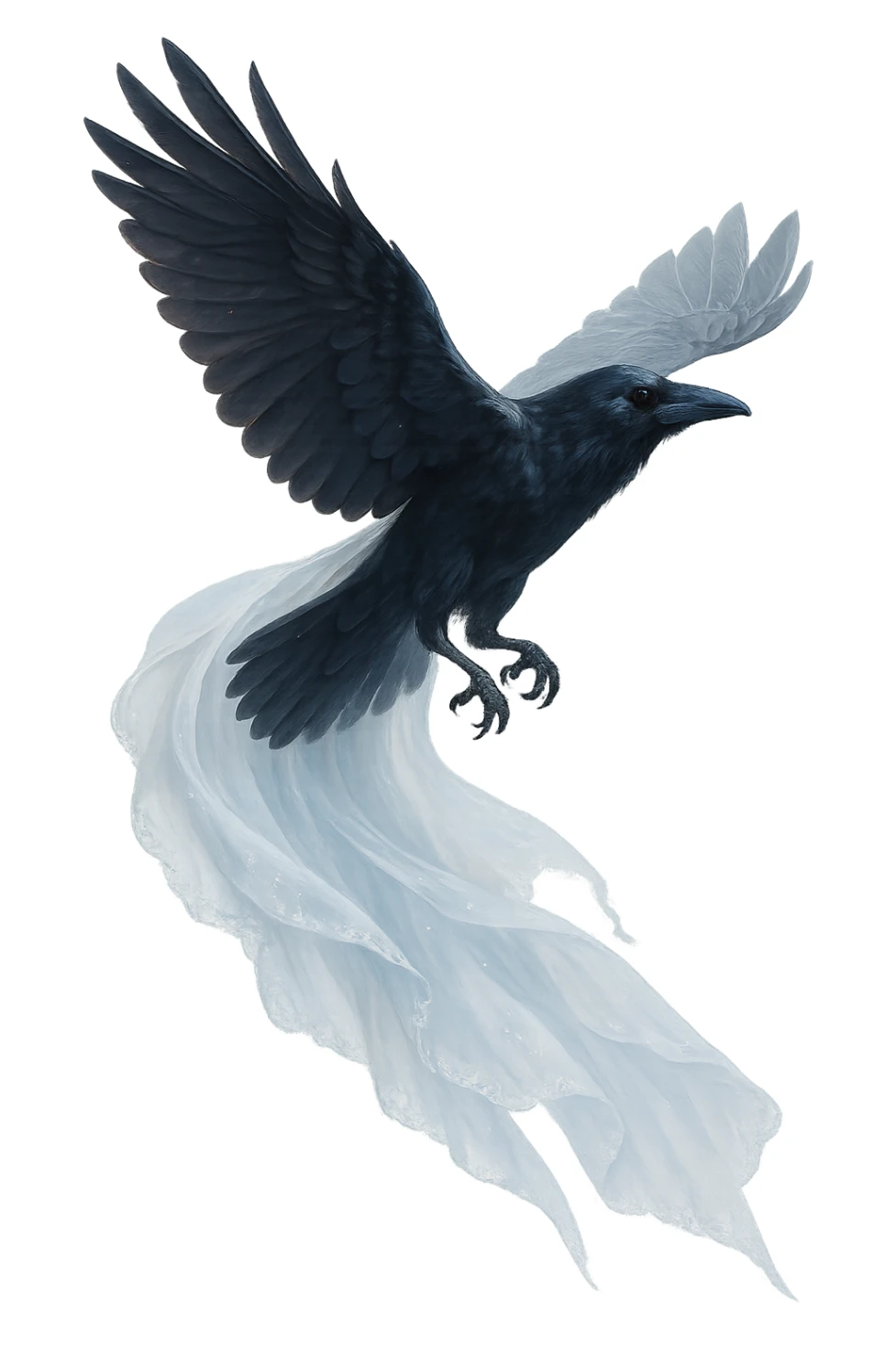 a soaring raven with a sheer white wedding veil trailing behind, magical, no background sticker