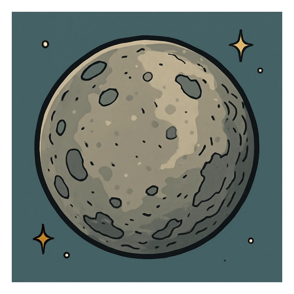 planet Mercury, round, rocky gray ball, covered in pitted marks and rough patches, cartoon style sticker