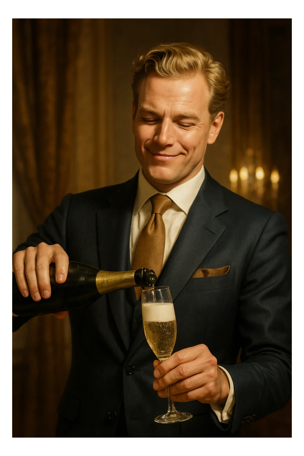 An opulent, healthy, smart white man with golden hair, dressed in an expensive suit, pouring champagne with a proud smile. sticker