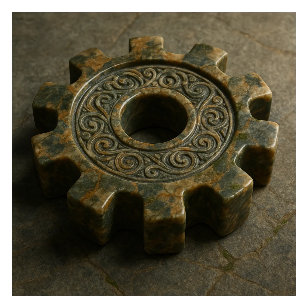 polished stone gear with intricate patterns, veins, and moss accents, emphasizing volume and texture sticker