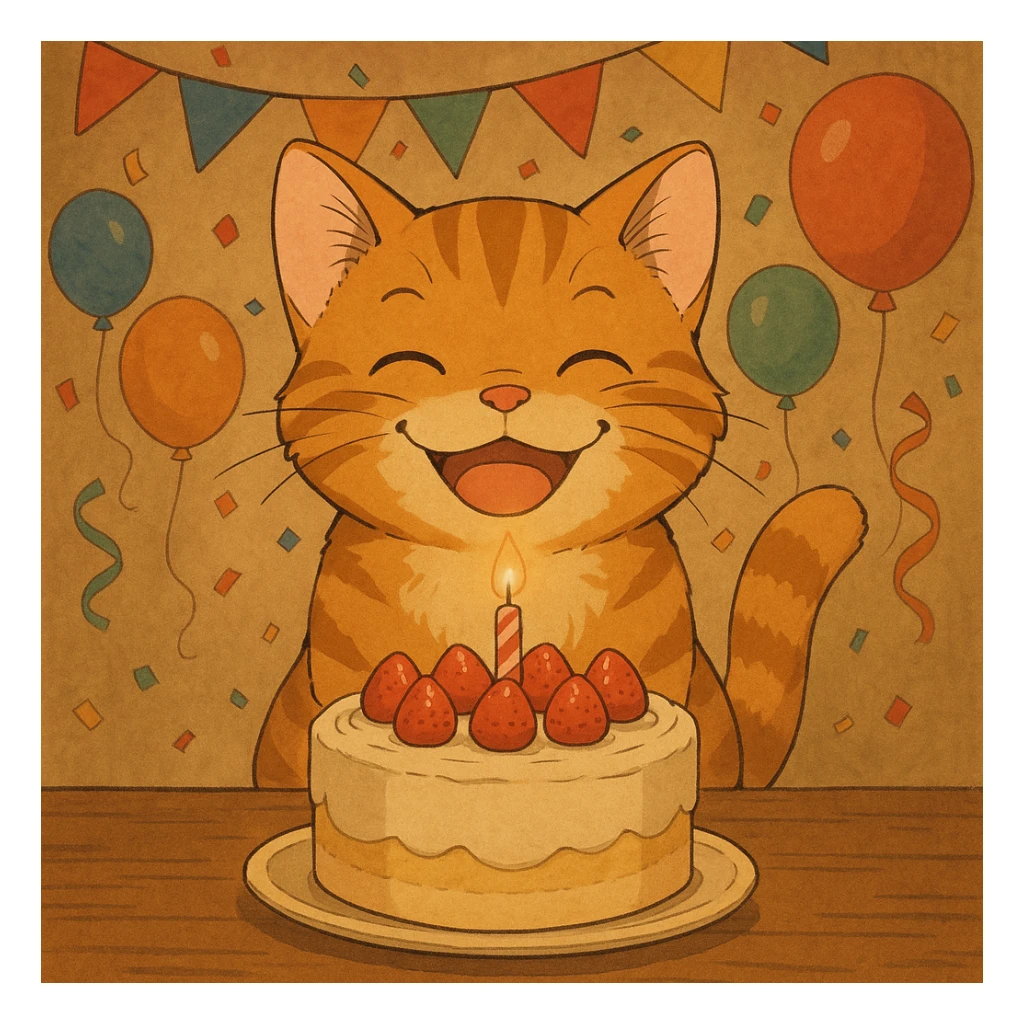 ginger tabby kitten with birthday cake, festive decorations, happy expression, ghibli style birthday scene sticker