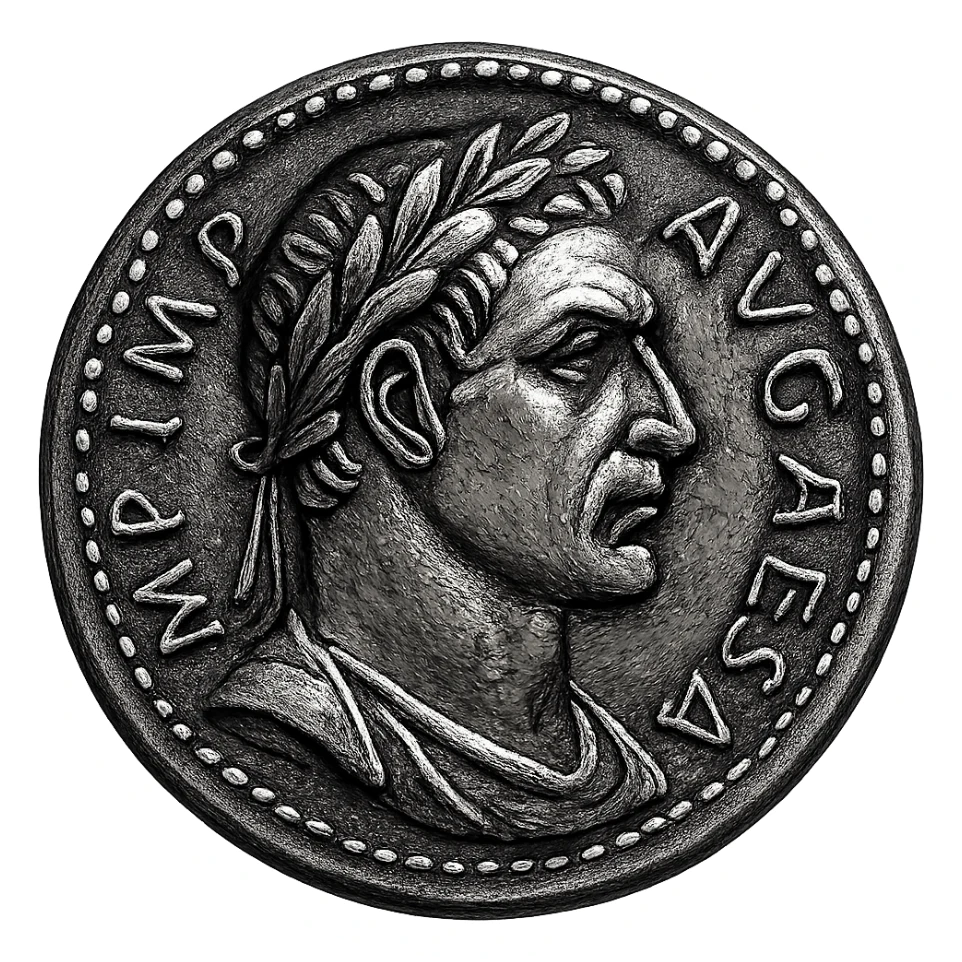 Generate an imperial coin icon in the style of the reference image, but with a more pronounced laurel crown and bolder facial features, transparent background. Maintain the ancient Roman engraving style with strong lines and classic details. sticker