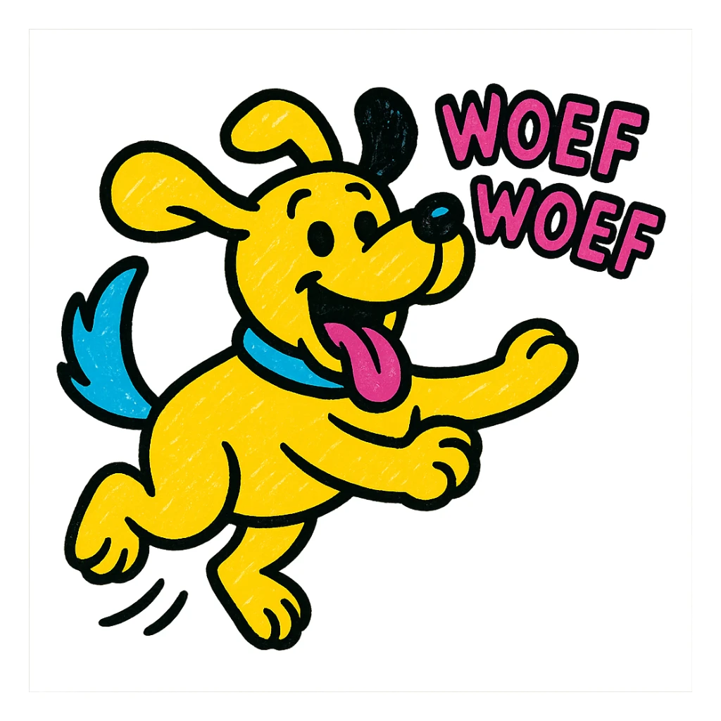 happy dog jumping and barking 'Woef Woef', dynamic movement, pop colors style sticker