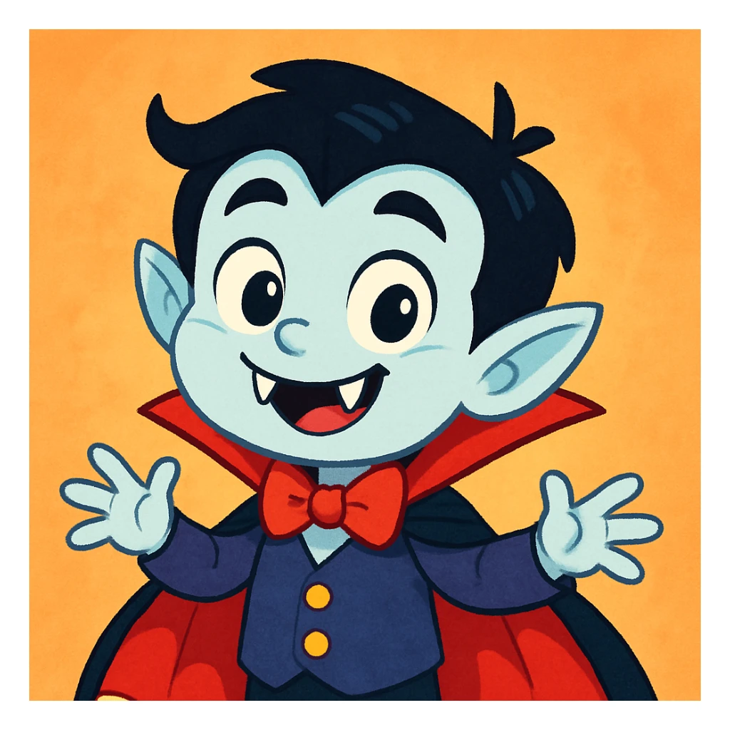 cute cartoon vampire boy, pale skin, smiling with fangs, playful expression sticker