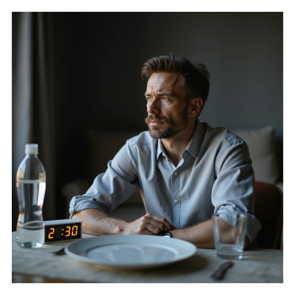 hyperrealistic 4K image of a man sitting at a table with an empty plate, next to a digital clock showing clearly '23:00', a bottle of water and a glass, serene but slightly tired expression, minimalist Zen environment, soft natural light, detailed facial features sticker