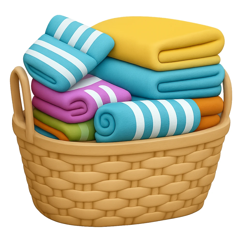 Make the wicker basket a little lighter in color, keep towels and socks overflowing with folded towels on top, in the style of emoji. Remove the background. sticker