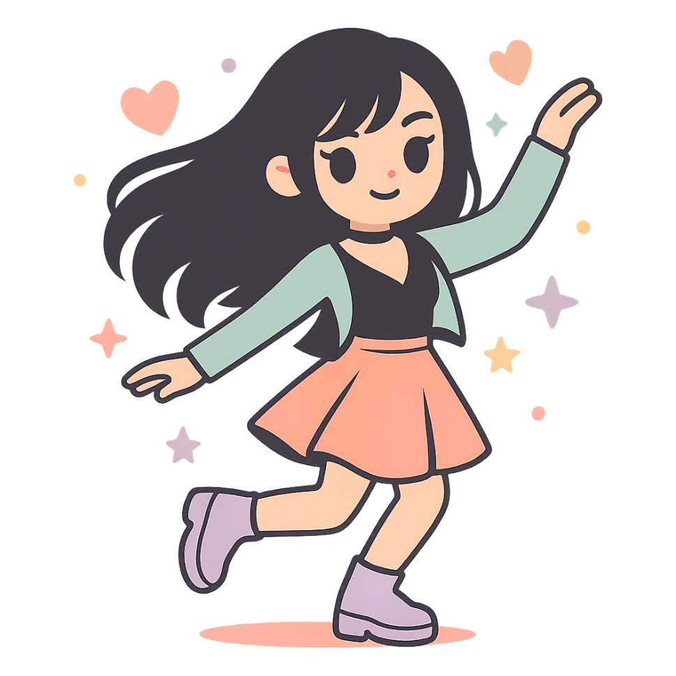 Transform the image into a K-pop inspired gothic girl in a dynamic dance pose wearing fashionable gothic streetwear. Preserve the transparent background. Style should reflect K-pop gothic fashion with energy and street style. sticker