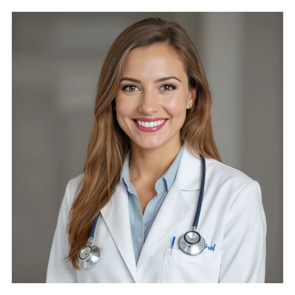realistic female doctor, smiling, white coat, stethoscope, neutral background sticker