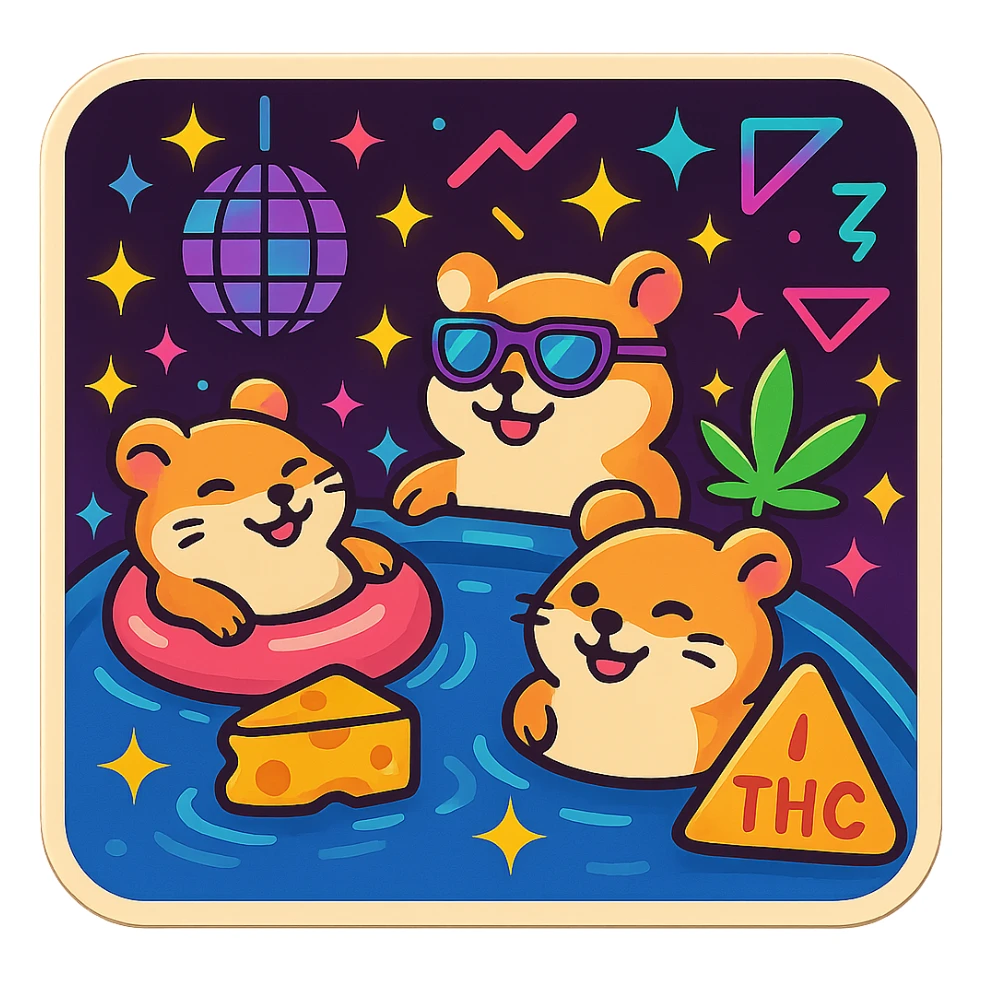 Make the pool party scene a night scene with a dark sky, glowing disco ball, neon pool lights, and sparkling stars. Keep the retro nostalgia style, weed, cheese, and THC theme, and preserve transparency if present. sticker