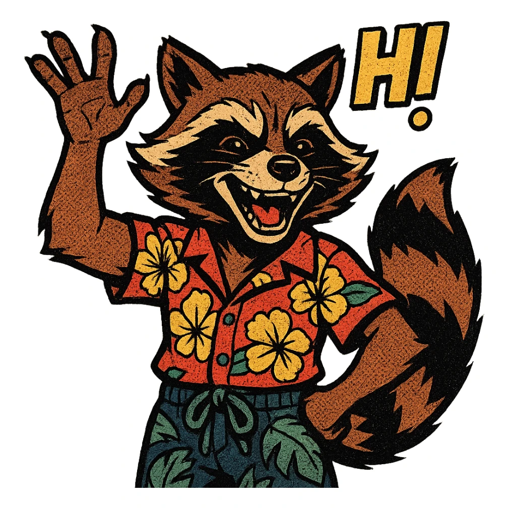 Rocket Raccoon Marvel Rivals summer skin, comic book style, waving, with text 'HI', no background, based on attached reference sticker