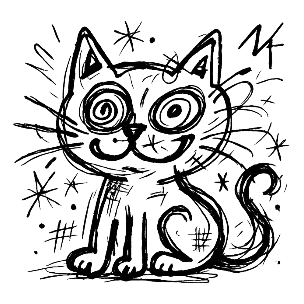 chaotic outlined icon of a cat with exaggerated, wild features sticker