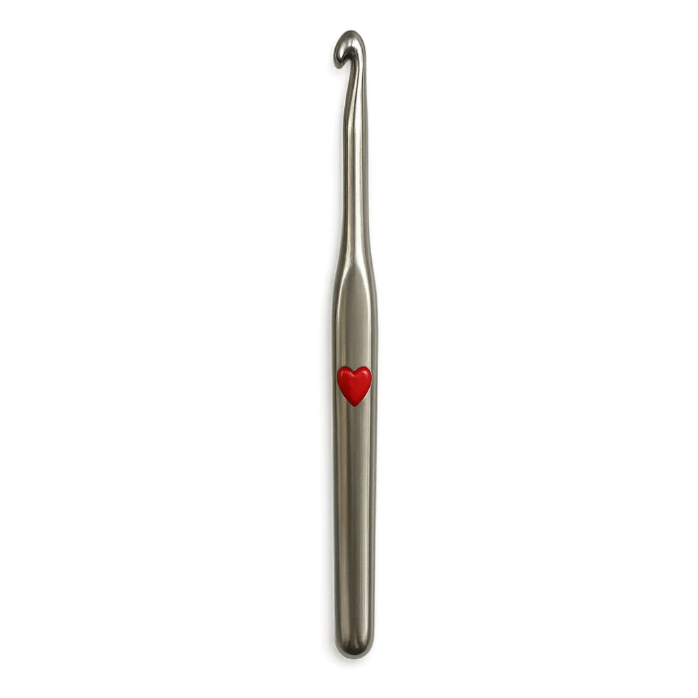 realistic crochet hook with a heart accent, shiny metal sticker