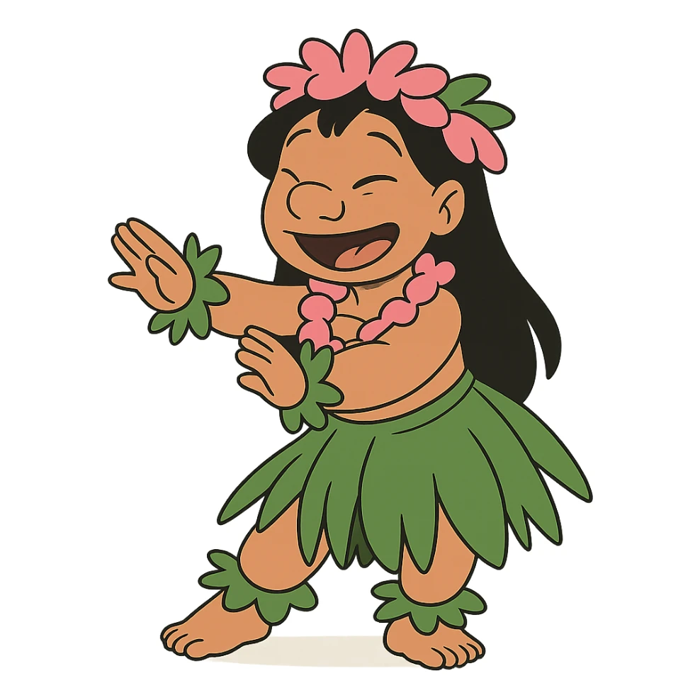 Lilo from Lilo & Stitch, dancing hula, wearing a grass skirt and flower lei, cartoon style, bright colors sticker