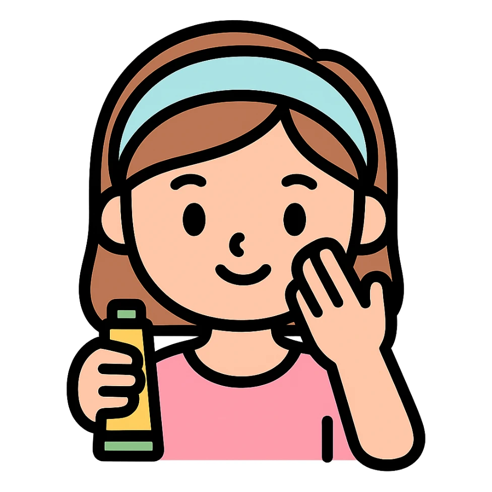 preppy girl applying skincare, pastel colors, headband, cheerful expression sticker