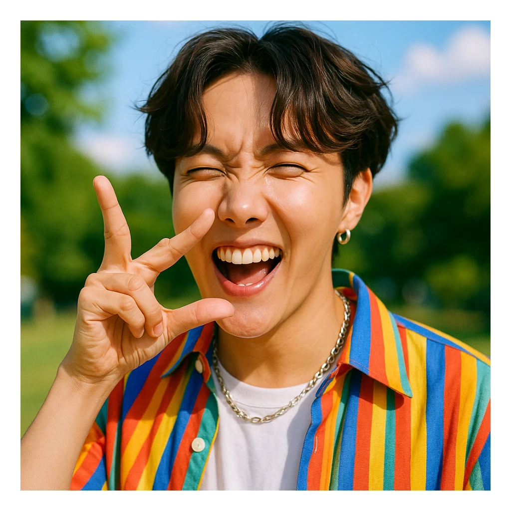 J-hope with a playful expression, making a unique hand gesture, matching the natural and vibrant style of the reference images sticker