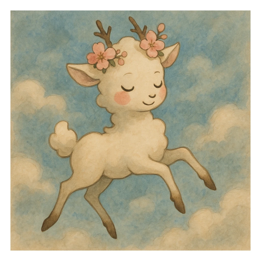 Refine this vanilla cloud doe with rosy cheeks and a cherry blossom crown to float with witch-like grace, enhancing its suitability as a brand identity mascot for social media. Keep the style soft and whimsical, and ensure the pose and expression convey magical, graceful floating energy in a ghibli style. sticker