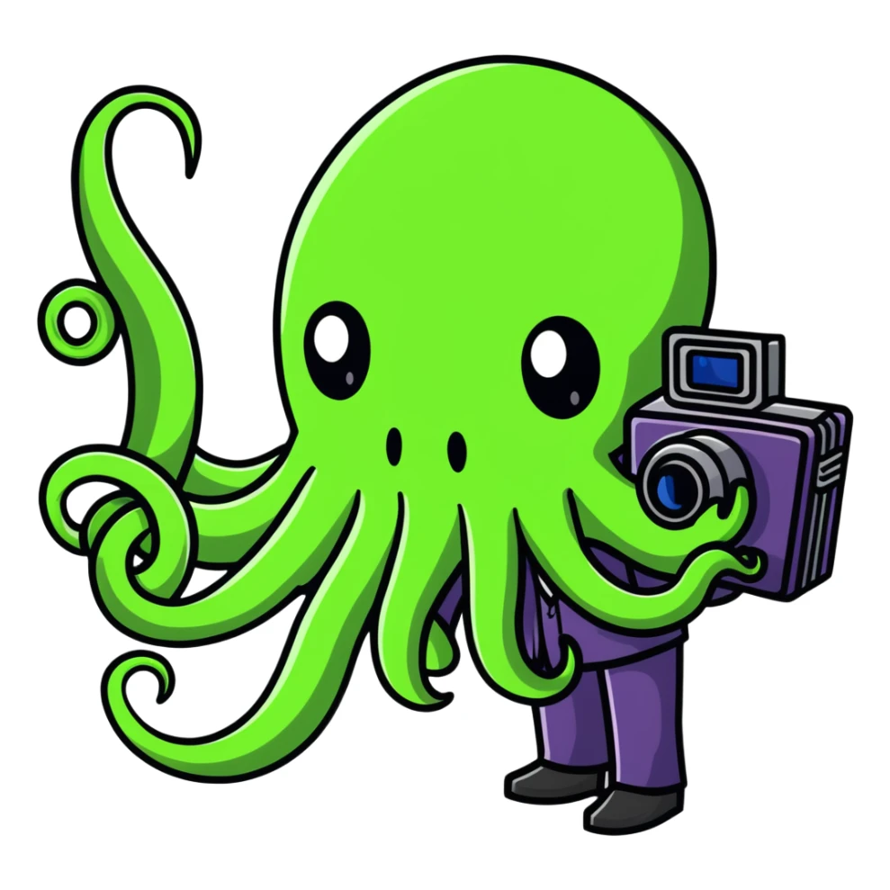 Cthulhu as a cameraman, eldritch horror with tentacle face filming with a camera sticker
