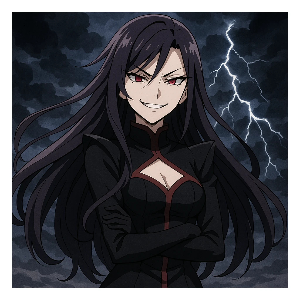 villainess, anime style, sarcastic smile, long hair, dramatic background sticker