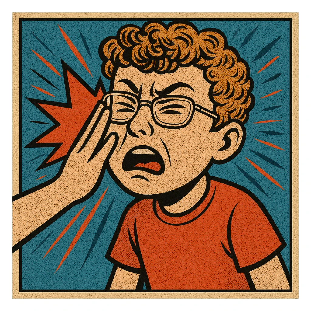 Make the boy look more like the reference photo with curly light brown hair, glasses, fair skin, and similar facial features in an expressive cartoon style. Depict him getting slapped in the face with dynamic motion lines to emphasize the action. sticker