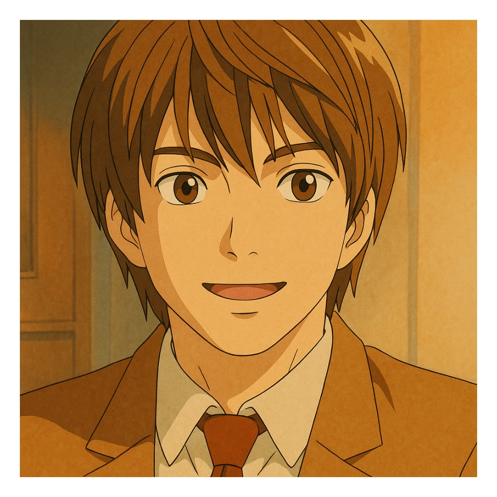 Close-up of Light Yagami's face as he explains, expressive eyes, subtle smile, warm Ghibli palette sticker