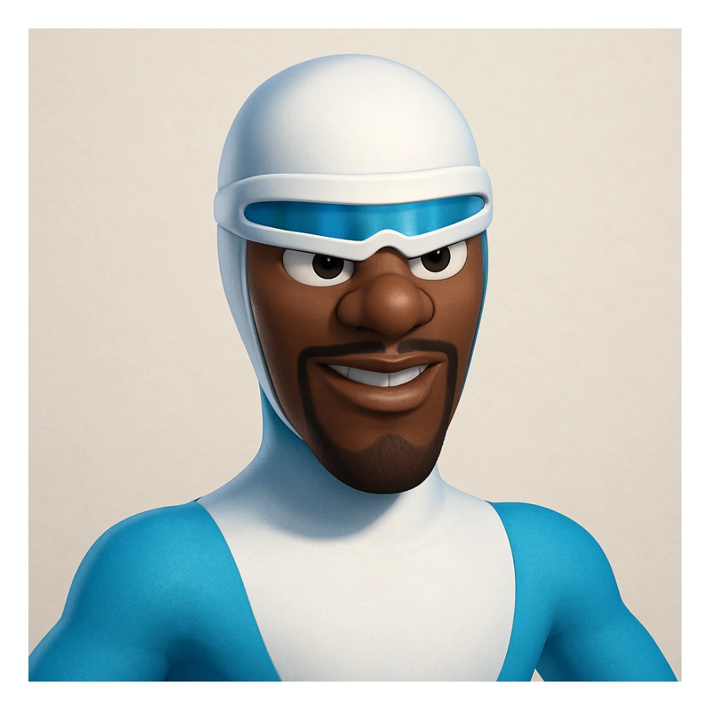 Frozone superhero, memoji style, blue and white costume, goggles, expressive face sticker