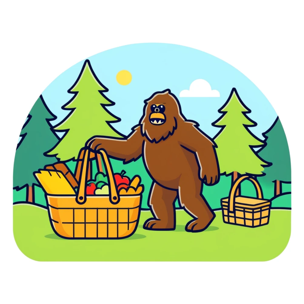 Make a sasquatch stealing from a picnic basket make it cartoony
 sticker