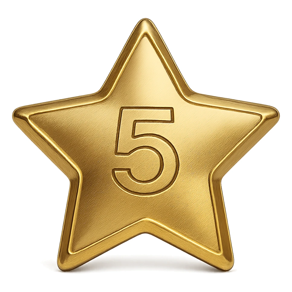 Transform this into a modern icon: a clean, flat gold star with a bold number 5 in the center, minimal shading, outlined style, transparent background. sticker